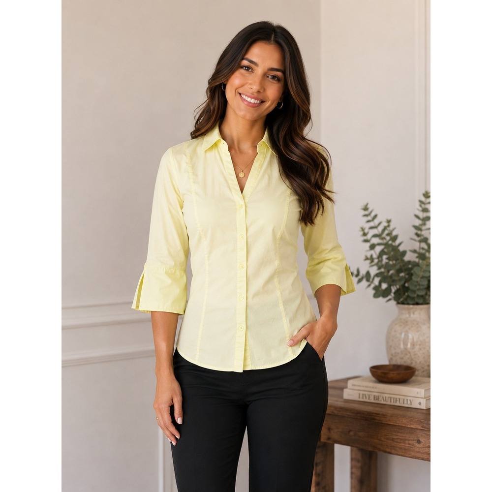 Ann Taylor Loft Womens 4 Yellow Button Down Shirt Elbow Sleeve Cotton Spandex